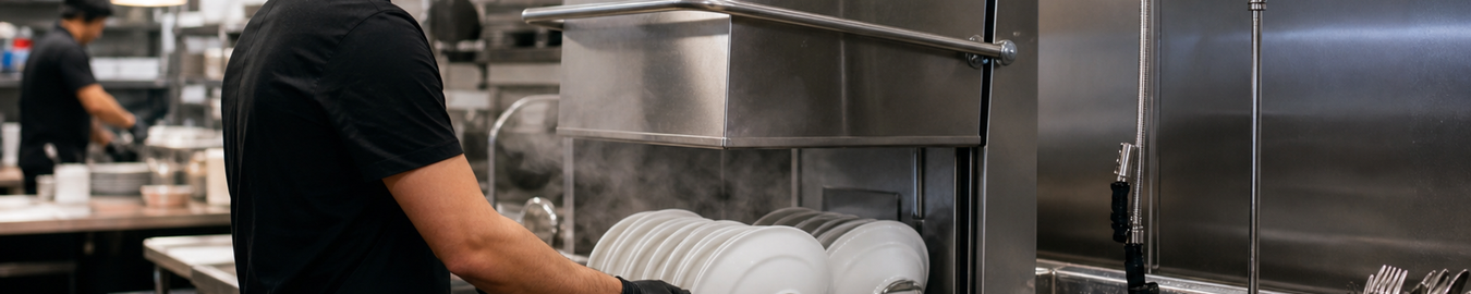Washtech Starline commercial dishwasher in a professional restaurant wash area