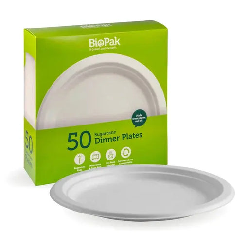 BioPak 50 Pack – 25cm / 10" White BioPlates  Disposable Plates, Bowls & Trays