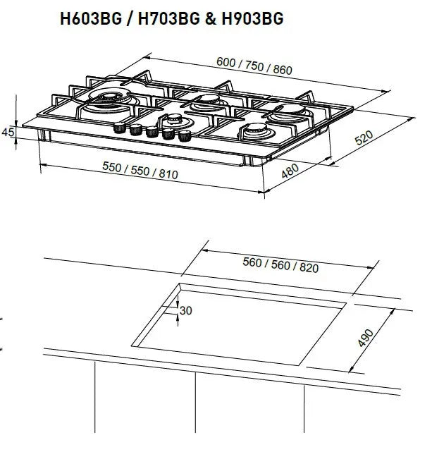 Award 75cm Black Glass Gas Hob  Hobs
