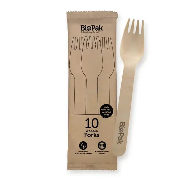 BioPak  10 Pack - 16cm Wooden Fork In Paper Sleeves  DIsposable Cutlery