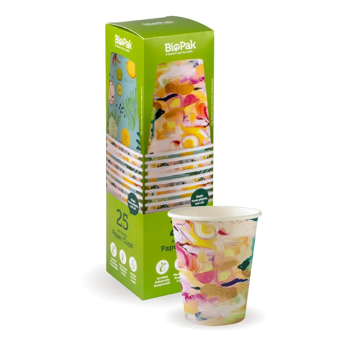 BioPak Art Series Hot Cups – Retail Packs – 25 Pack - 295ml - 8oz (90mm) Art Series Single Wall