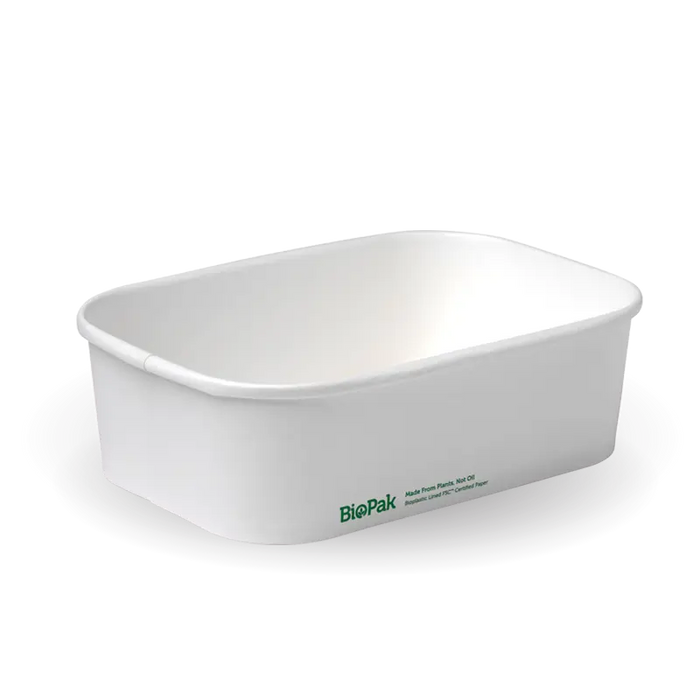 BioPak BioBoard Rectangular Container Bases – 650ml White BioBoard Takeaway Base – carton of 300