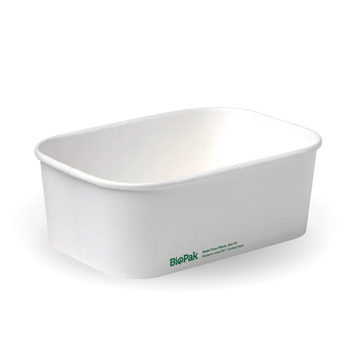 BioPak BioBoard Rectangular Container Bases – 750ml White BioBoard Takeaway Base – carton of 300
