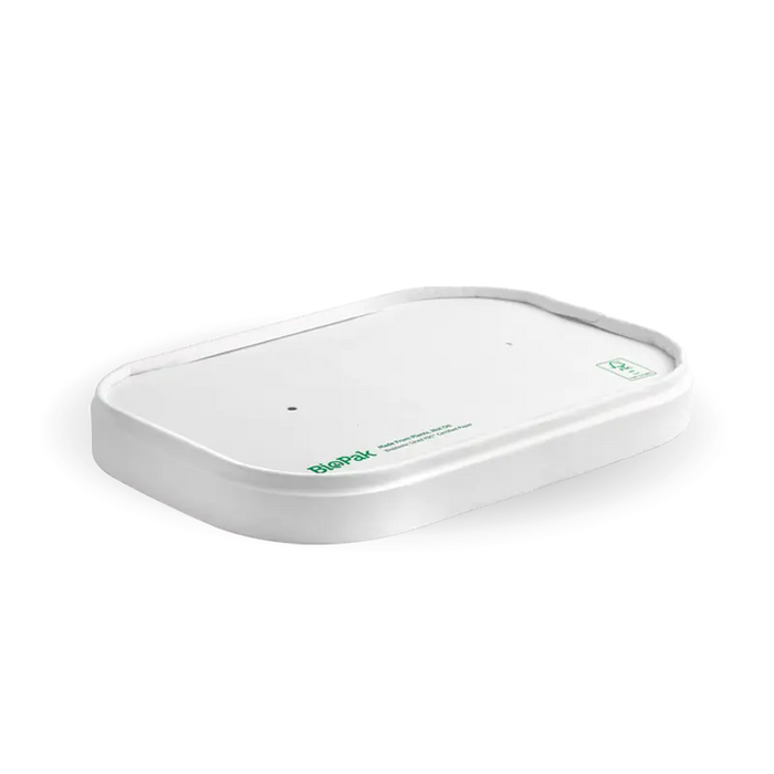 BioPak BioBoard Rectangular Container Lids – 500-1,000ml White Paper BioBoard Takeaway Lid – carton of 300