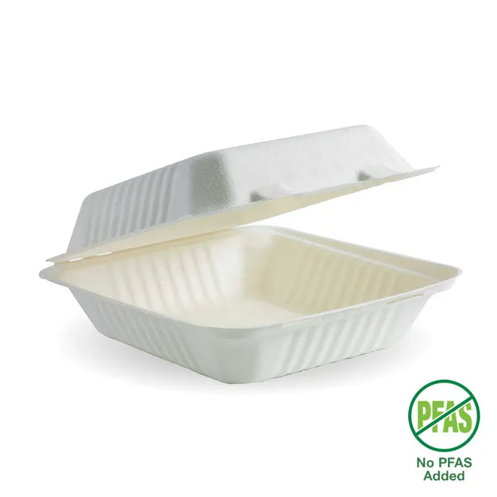 BioPak BioCane Clamshells – 20x22x9cm - 7.8x8x3" White Plant Fibre Clamshell – carton of 200