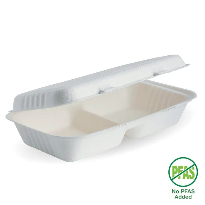 BioPak BioCane Clamshells – 28x16x7cm - 11.6x6x3" 2-Compartment White Plant Fibre Clamshell – carton of 100