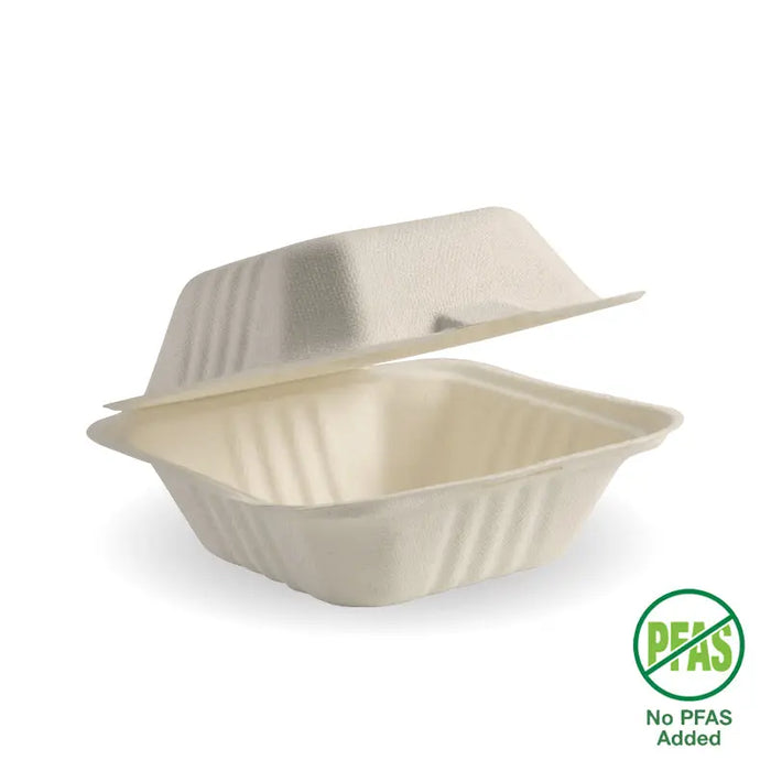BioPak BioCane Clamshells – 15x15x8cm - 6x6" Natural Plant Fibre Clamshell – carton of 500