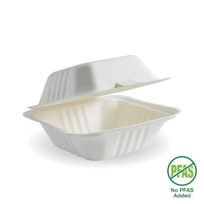 BioPak BioCane Clamshells – 15x15x8cm - 6x6" White Plant Fibre Clamshell – carton of 500