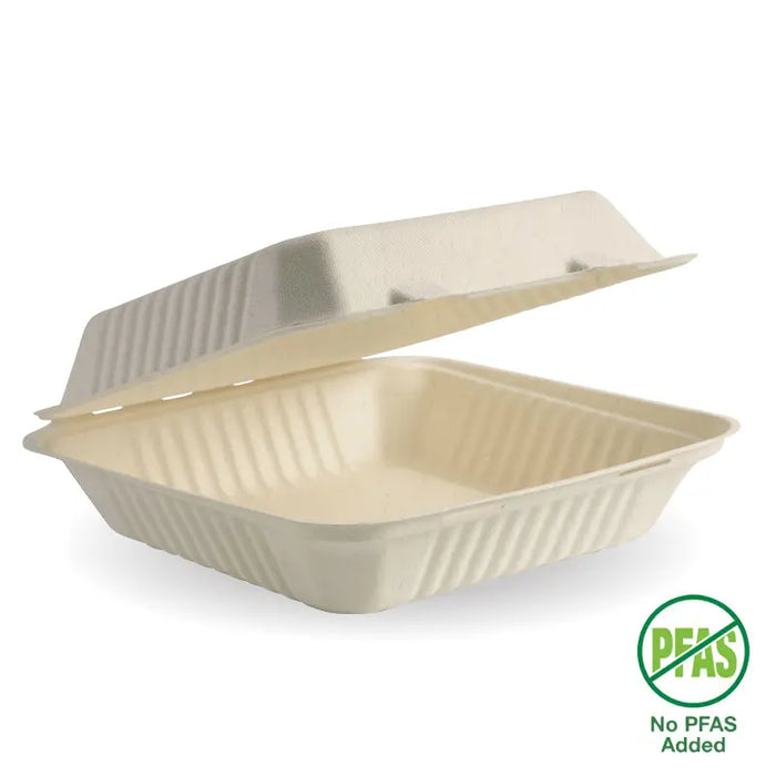 BioPak BioCane Clamshells – 23x23x8cm - 9x9x3" Natural Plant Fibre Clamshell – carton of 200