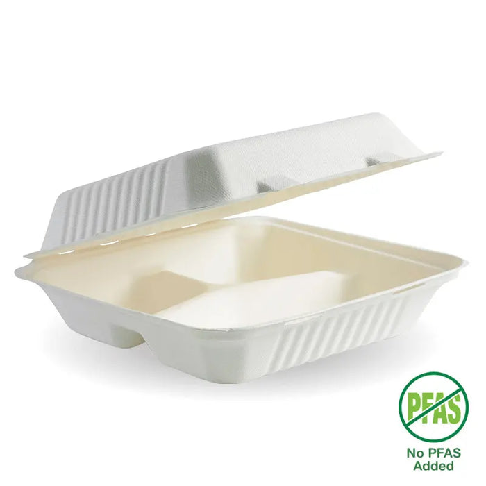 BioPak BioCane Clamshells – 23x23x8cm - 9x9x3" 3-Compartment White Plant Fibre Clamshell – carton of 200
