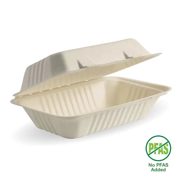 BioPak BioCane Clamshells – 23x15x8cm - 9x6x3" Natural Plant Fibre Clamshell – carton of 250