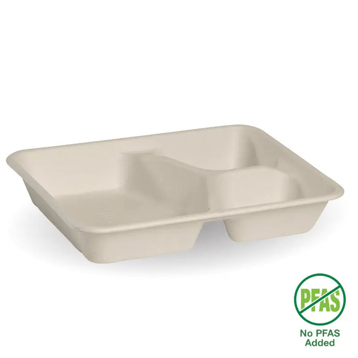 BioPak BioCane Compartment Container Bases – 3-Compartment Natural Plant Fibre Takeaway Base – carton of 500