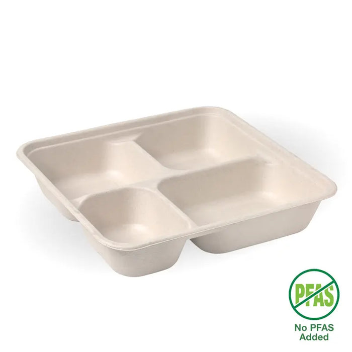 BioPak BioCane Compartment Container Bases – 4-Compartment Large Natural Plant Fibre Takeaway Base – carton of 300