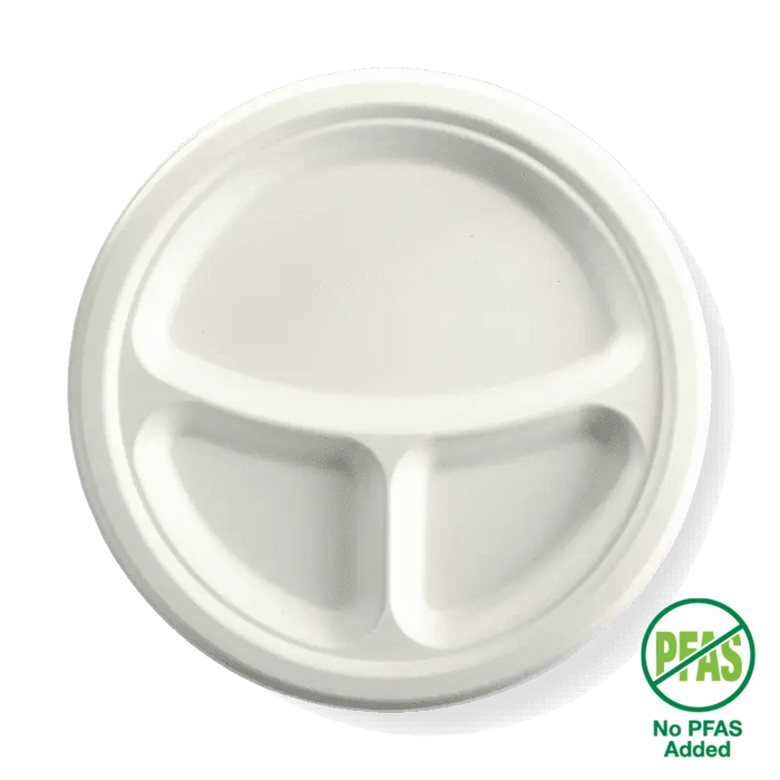 BioPak BioCane Plates – 25cm - 10" 3-Compartment Round Plant Fibre Plate – carton of 500