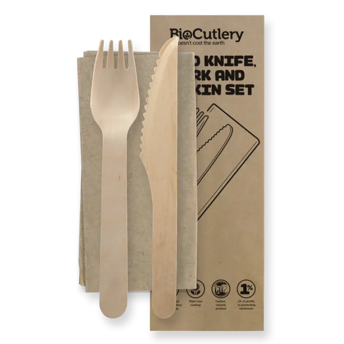 BioPak FSC Wooden Knives – 16cm Coated Wood Knife, Fork & Napkin Set – carton of 400