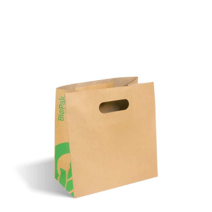 BioPak Kraft Paper Carry Bags – 270x145x280mm Small Die Cut Handle Kraft Paper Bags – carton of 250