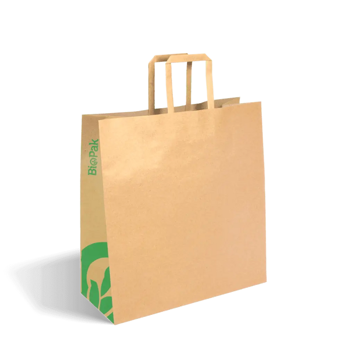 BioPak Kraft Paper Carry Bags – 320x140x340mm Medium Flat Handle Kraft Paper Bags – carton of 200