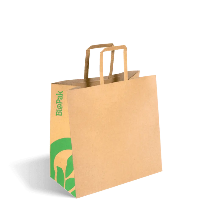 BioPak Kraft Paper Carry Bags – 280x150x275mm Small Flat Handle Kraft Paper Bags – carton of 250