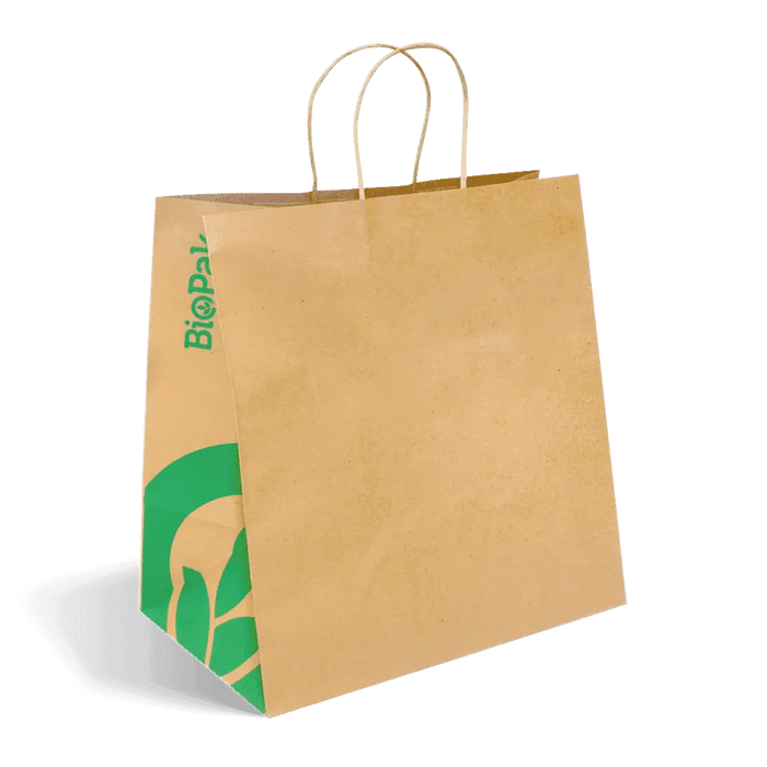 BioPak Kraft Paper Carry Bags – 355x220x370mm Jumbo Twist Handle Kraft Paper Bags – carton of 150