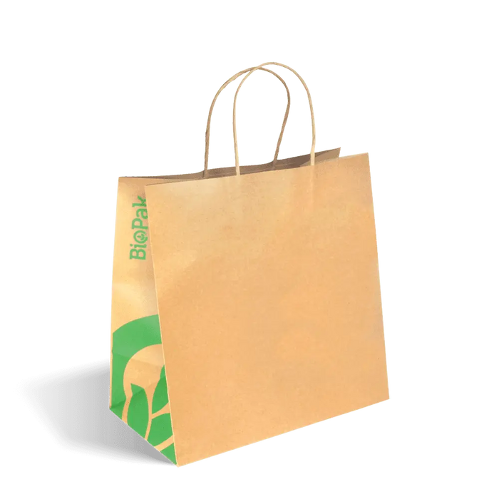 BioPak Kraft Paper Carry Bags – 300x170x305mm Large Twist Handle Kraft Paper Bags – carton of 250