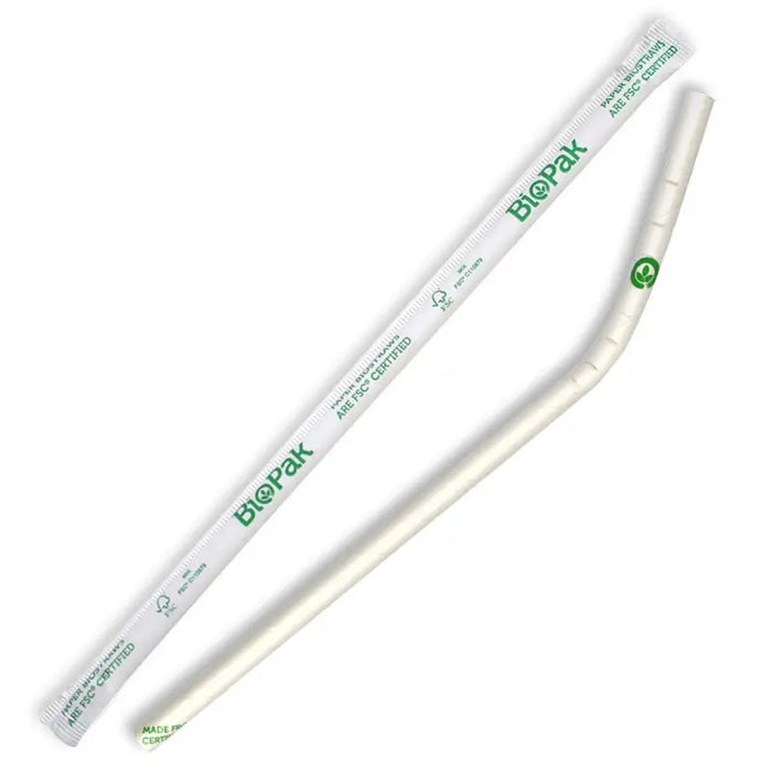 BioPak Regular Paper BioStraws – 6mm Individually Wrapped White Bendy Straw – carton of 2,500