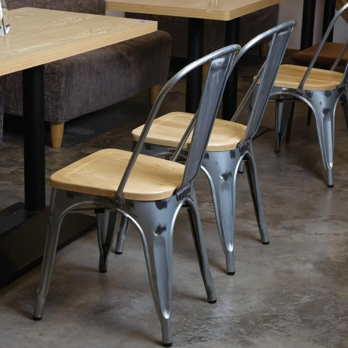 Bolero Galvanised Steel Dining Sidechairs with Wood Seat Pad  Cafe Chairs