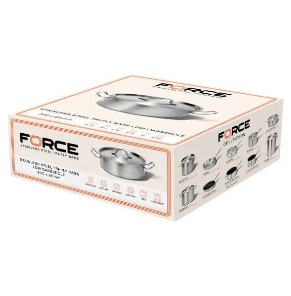 Force Low Casserole with Lid 260x85mm / 4.5Lt  Frypans - Stainless Steel