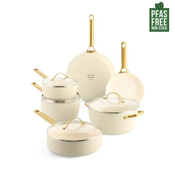 GreenPan Padova 6 (10) Piece PFAS Free Cookset Cream White  Sets