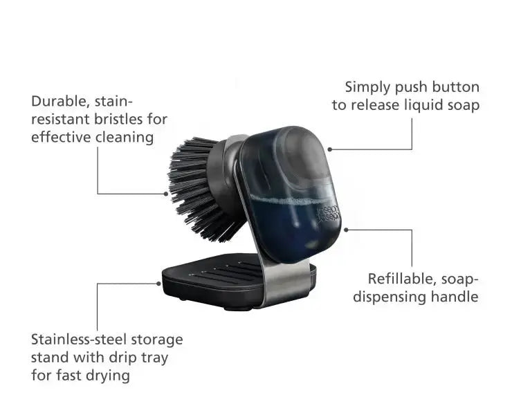 Joseph Joseph SinkTech Soap-dispensing palm brush with stainless-steel storage stand  Cleaning Supplies