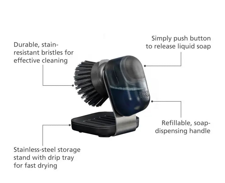 Joseph Joseph SinkTech Soap-dispensing palm brush with stainless-steel storage stand
