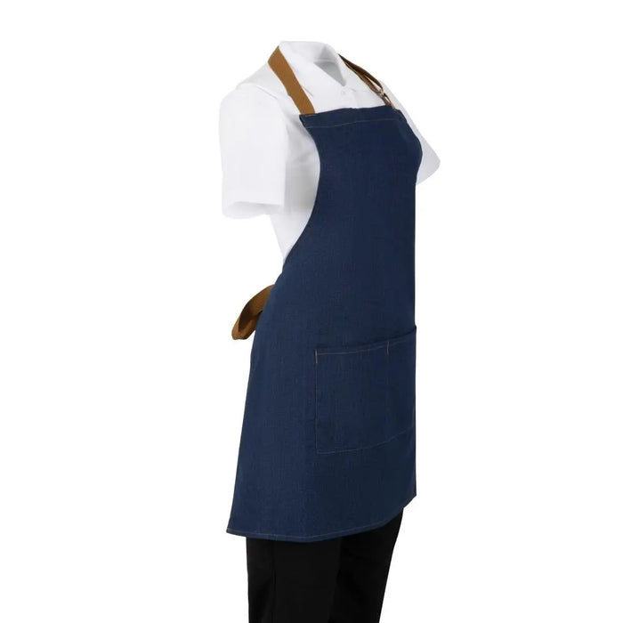 Southside Short Length Bib Apron – Denim Blue with Tan Ties