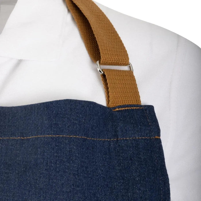 Southside Short Length Bib Apron – Denim Blue with Tan Ties