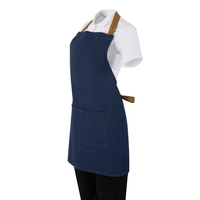 Southside Short Length Bib Apron – Denim Blue with Tan Ties