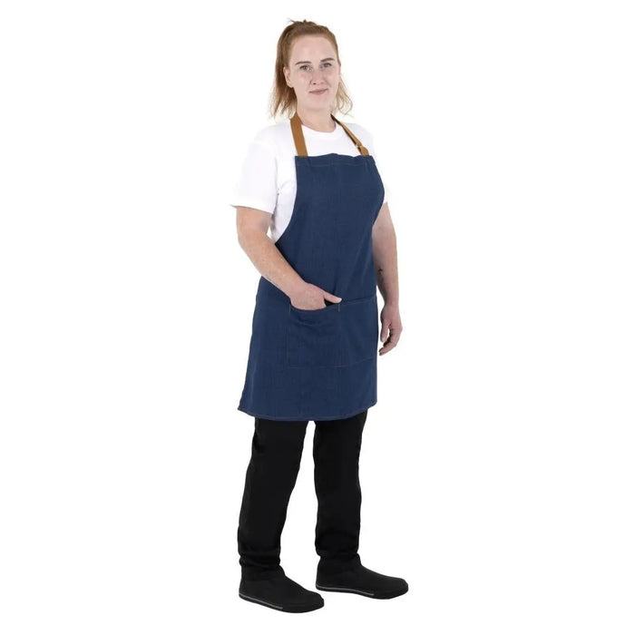 Southside Short Length Bib Apron – Denim Blue with Tan Ties