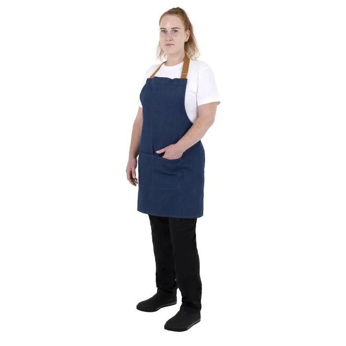 Southside Short Length Bib Apron – Denim Blue with Tan Ties