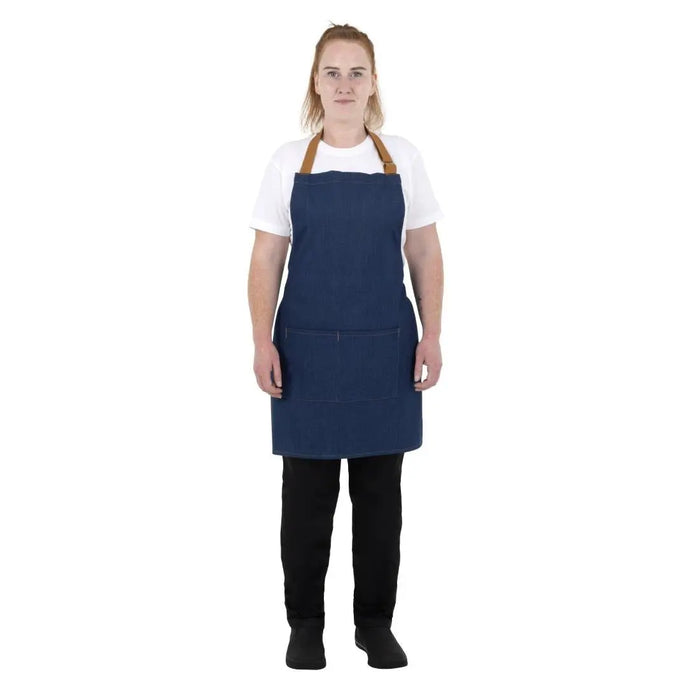 Southside Short Length Bib Apron – Denim Blue with Tan Ties