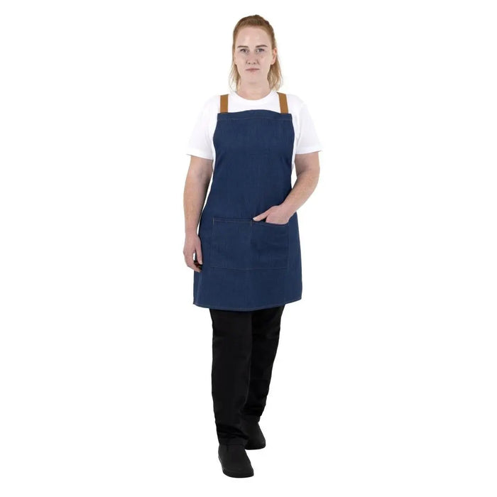 Southside Short-Length X-Cross Back Bib Apron – Denim Blue with Tan Ties  Aprons