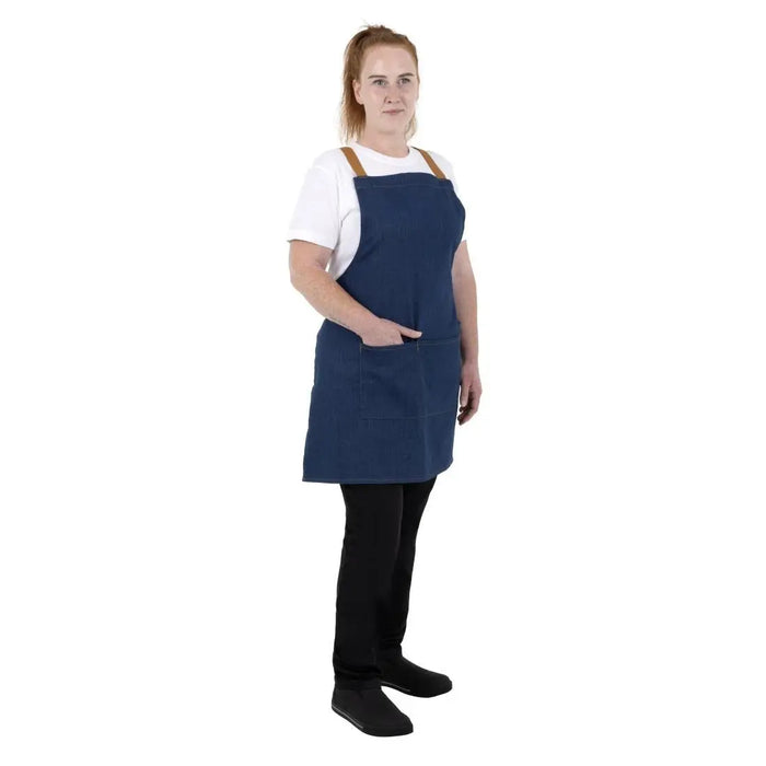 Southside Short-Length X-Cross Back Bib Apron – Denim Blue with Tan Ties  Aprons