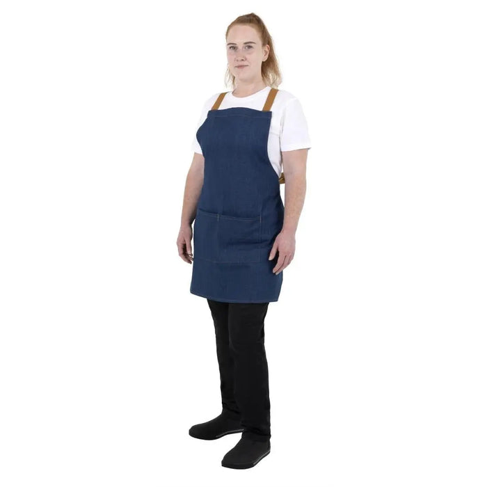 Southside Short-Length X-Cross Back Bib Apron – Denim Blue with Tan Ties  Aprons