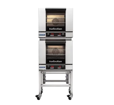 Turbofan E23D3/2C - Half Size Tray Digital Electric Convection Ovens Double Stacked on a Stainless Steel Base Stand