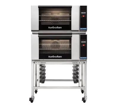 Turbofan E27T3 - Full Size Electric Convection Ovens Touch Screen Control Double Stacked on a Stainless Steel Base Stand
