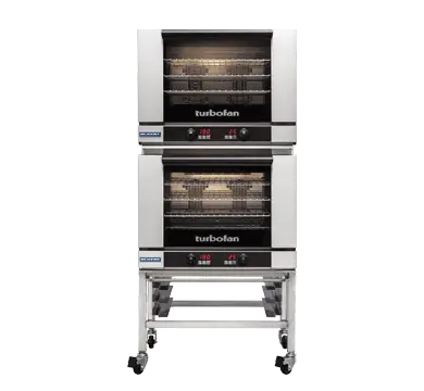Turbofan E28T4/2C - Full Size Electric Convection Ovens Touch Screen Control Double Stacked on a Stainless Steel Base Stand