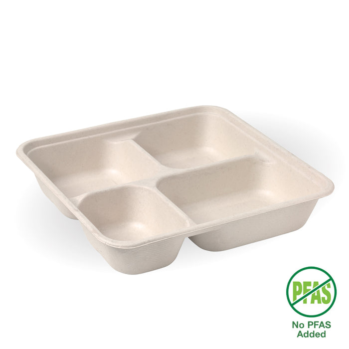 BioPak BioCane Compartment Container Bases – 4-Compartment Large Natural Plant Fibre Takeaway Base – carton of 300
