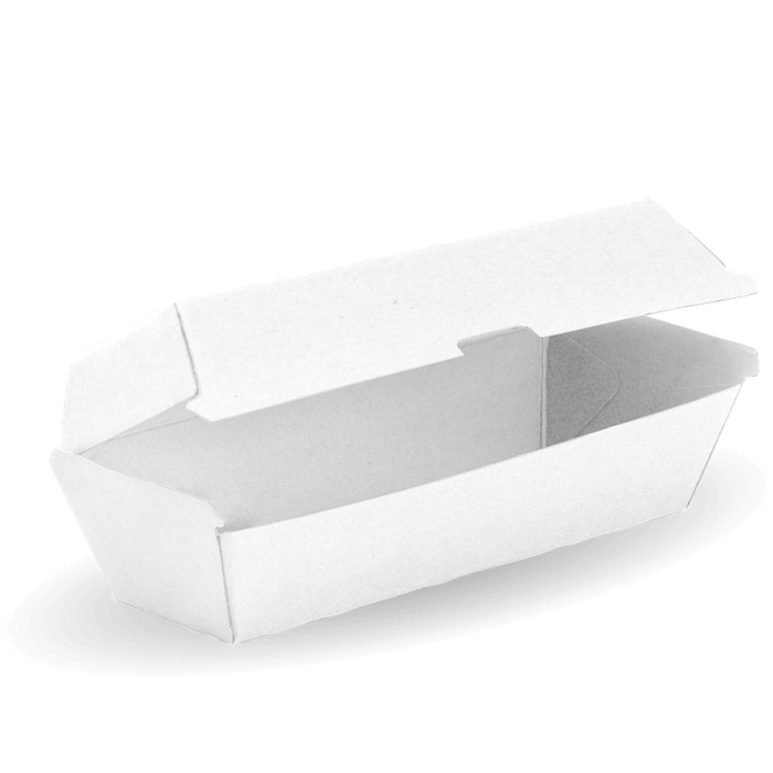 BioPak BioBoard Fluted Clamshell Boxes – Hot Dog BioBoard White Box – carton of 400