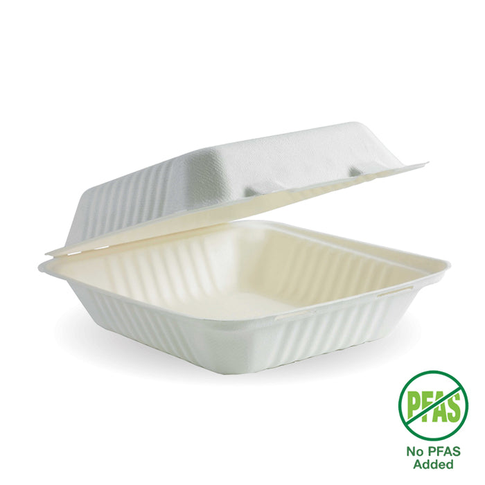 BioPak BioCane Clamshells – 20x22x9cm - 7.8x8x3" White Plant Fibre Clamshell – carton of 200