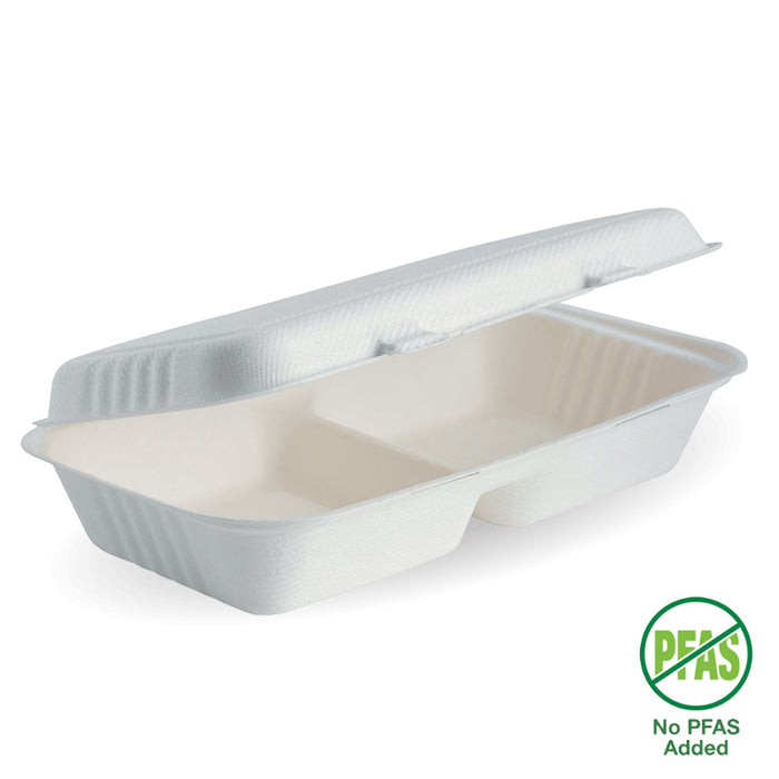 BioPak BioCane Clamshells – 28x16x7cm - 11.6x6x3" 2-Compartment White Plant Fibre Clamshell – carton of 100