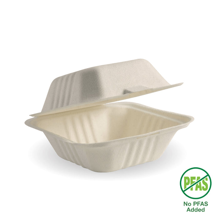 BioPak BioCane Clamshells – 15x15x8cm - 6x6" Natural Plant Fibre Clamshell – carton of 500