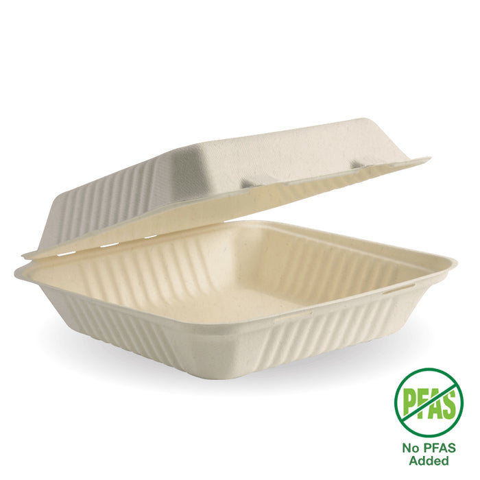 BioPak BioCane Clamshells – 23x23x8cm - 9x9x3" Natural Plant Fibre Clamshell – carton of 200