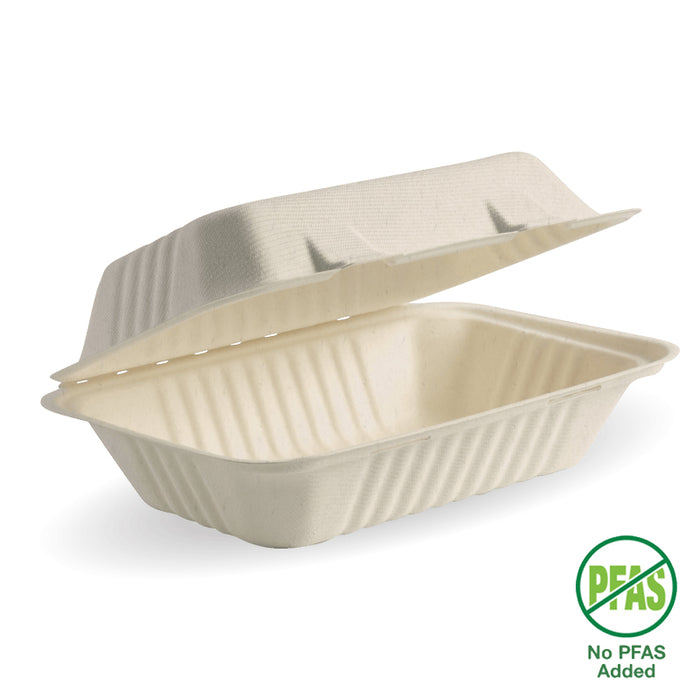BioPak BioCane Clamshells – 23x15x8cm - 9x6x3" Natural Plant Fibre Clamshell – carton of 250