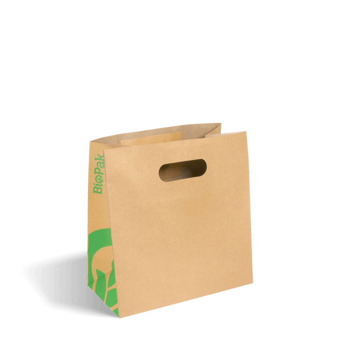 BioPak Kraft Paper Carry Bags – 270x145x280mm Small Die Cut Handle Kraft Paper Bags – carton of 250